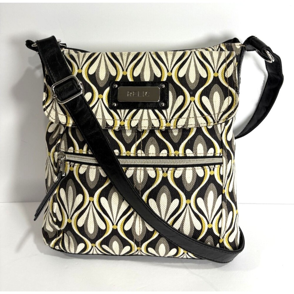 Relic Women's Crossbody Bag Canvas Geometric Pattern Black Yellow Cream